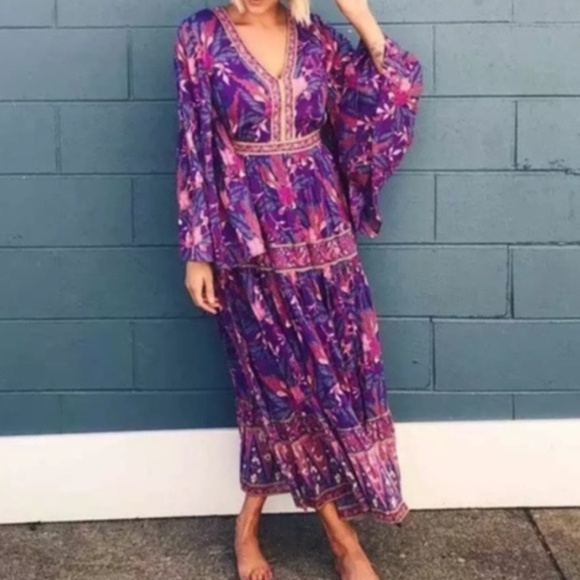 075 Boho Purple Floral Print V neck Cottagecore Dress - Picture 11 of 14